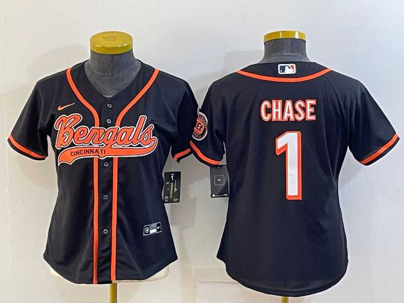 Womens Cincinnati Bengals #1 JaMarr Chase Black With Patch Cool Base Stitched Baseball Jersey